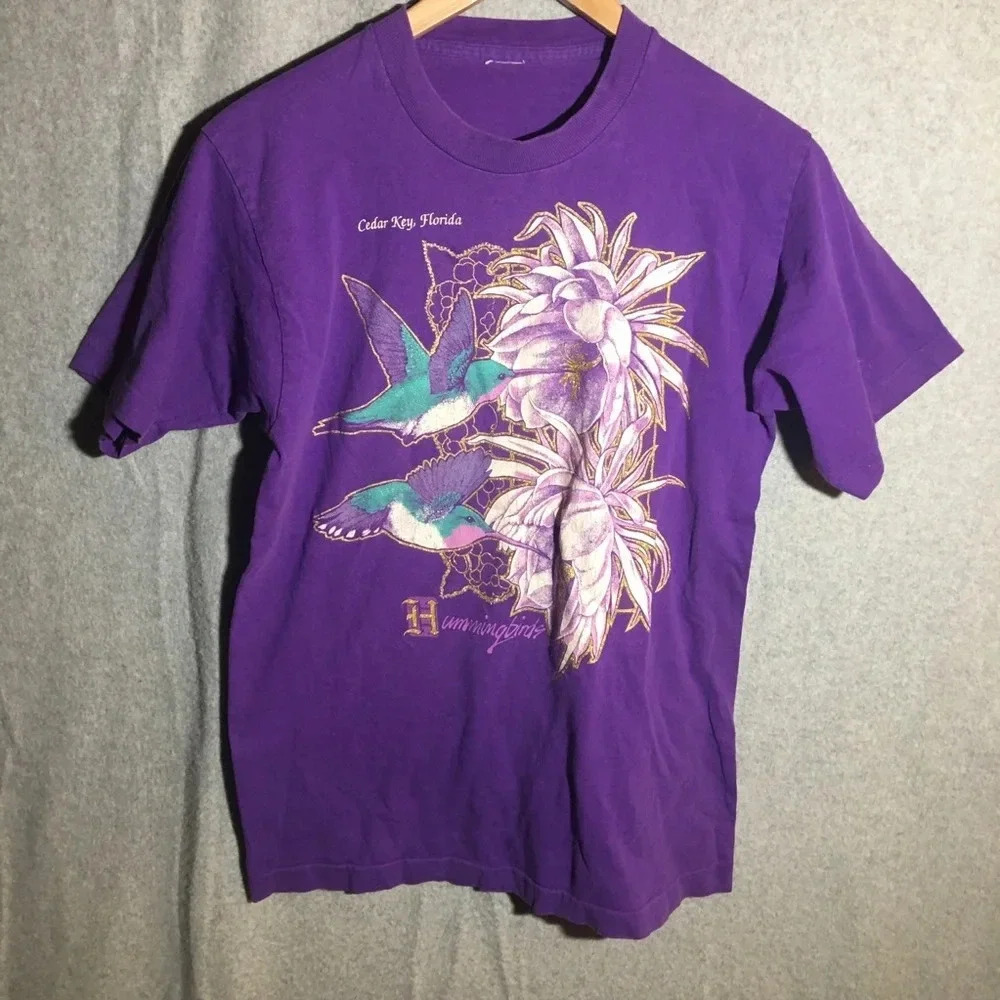Womens Cedar Key Florida Tourist Shirt vacation Tropical Hummingbirds Purple
